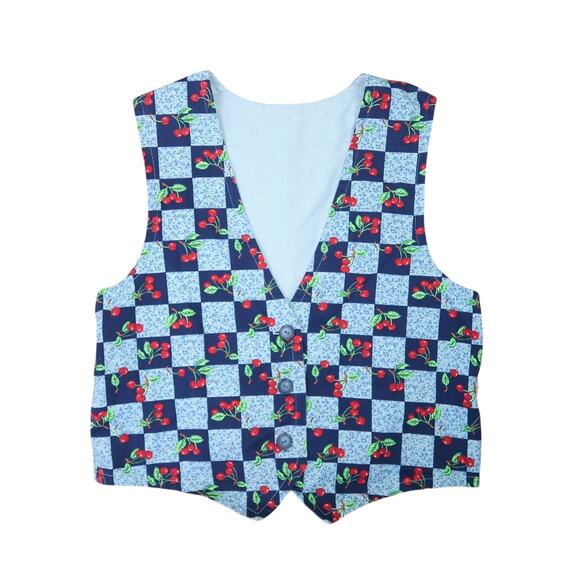Vintage 90s Blue and Red Checker Cherry Print Vest M - Picture 5 of 5